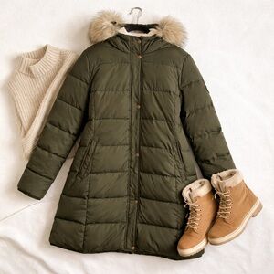 Lauren Ralph Lauren Olive Down Puffer Coat Faux Fur Hood Long Parka Size XL